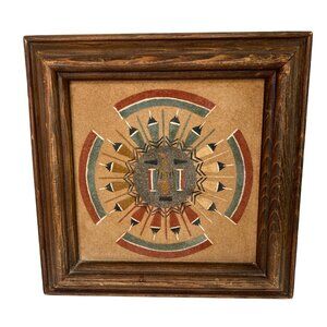 Navajo Sand Painting With Geometric Design In Wooden Frame